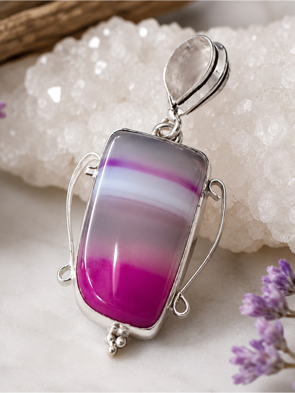 Artisan Pink Dyed Agate Silver Purple Ombre Rectangular Stone Necklace Pendant